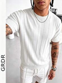 Tricot d'été pour hommes GRDR, unicolore côtelé à manches courtes, style sportif décontracté, convient aux activités extérieures - Blanc - Voir 2