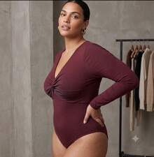 Wrap Bodysuit With Front Detail, Deep Neckline, Long Sleeves - Maroon - View 3