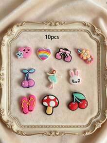 1 Set (10pcs) Multicolor Cute White Rabbit, Cherry, Mushroom, Heart Cartoon Shoe Charms, Fashionable Exquisite Classic DIY Shoe Decorations, Suitable For Party Accessories, Multi-Purpose Decoration - Multicolor - View 2