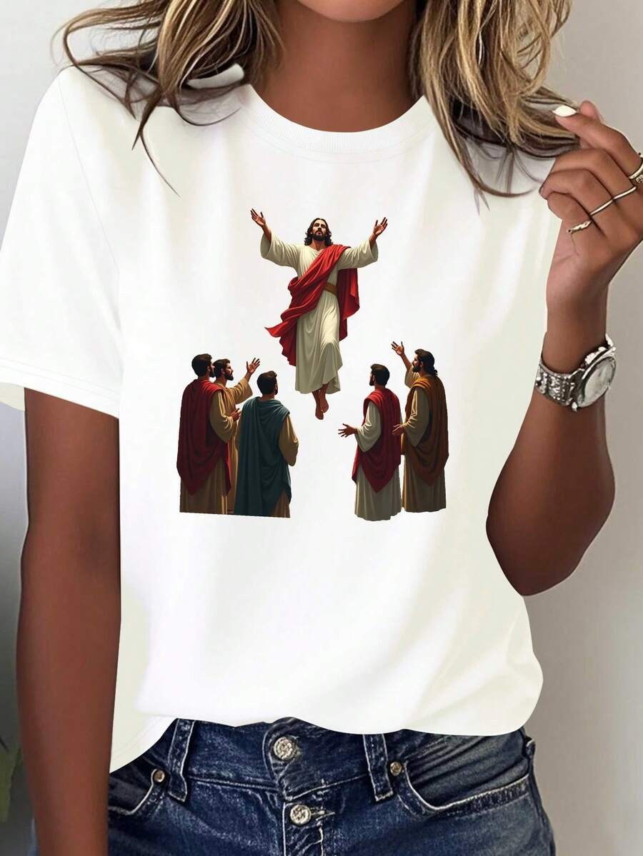 Cómoda camiseta de mujer de color sólido, con un diseño de escena religiosa en relieve. - Blanco - Ver 1