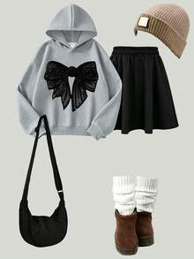 2pcs/Set Girls Sweet Style Outfit, Large Bow Print Hoodie + Pleated Skirt, Soft Casual Streetwear - Grey - View 2