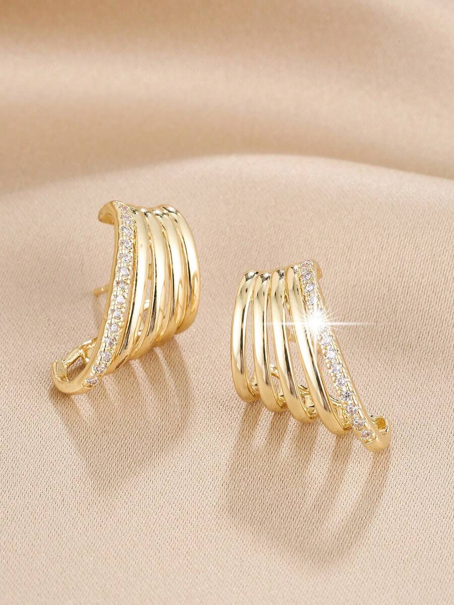 1 Pair Elegant Design Multi-Layer Curved Tube Zirconia Inlaid C-Shaped Stud Earrings For Women, Commute, Date, Gift Surprise Accessory - Earrings - View 1