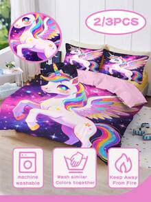 2/3PCS Funda nórdica de unicornio arcoíris galaxia púrpura, ropa de cama infantil de poliéster con cremallera estilo cuento de hadas, juego de cama suave y lavable para dormitorio de niñas & regalo de cumpleaños para todas las estaciones - Multicolor - Ver 2
