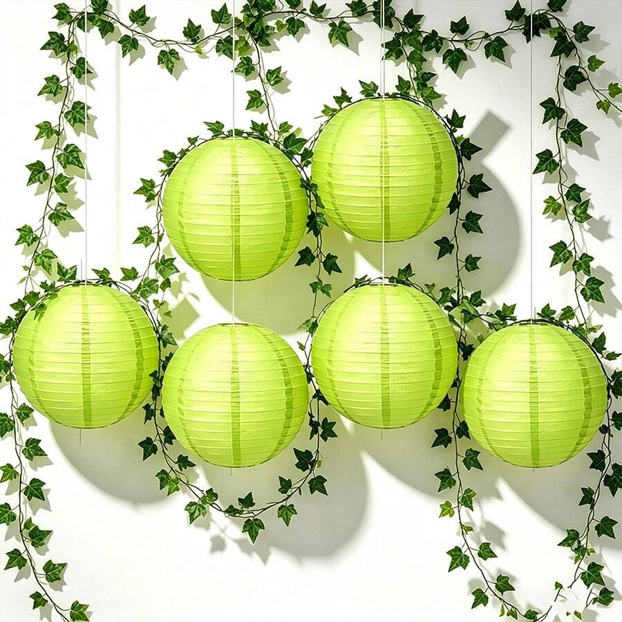 11pcs/Set Green Paper Lanterns And Artificial Vine, Chinese Style Round Paper Lanterns Hanging Decorations, Spherical Lanterns For Birthday, Home Decor, Party And Wedding Party Decoration - View 1