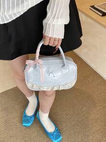 2026春夏薄荷綠格紋托特包：荷葉邊飾蝴蝶結與愛心吊飾圓點女款手提包，優雅薄荷綠棕色格紋大容量包 - 彩色 - 查看 12