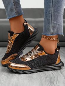 Women's Casual Sports Lightweight Chunky Sneakers Colorblock Versatile Running Shoes - Black - View 5