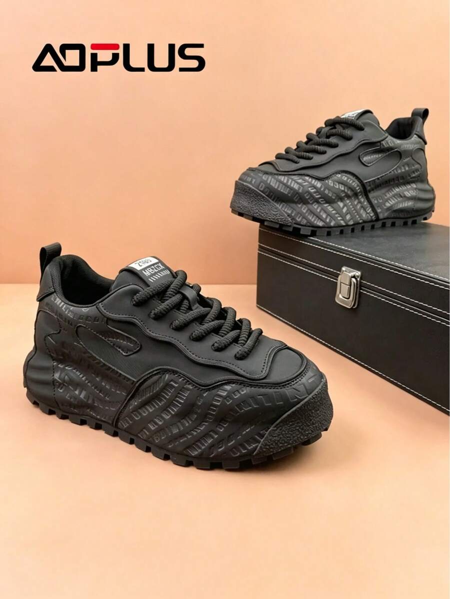 Suburban Outing Casual Sneakers For Men, Wild Simple PU Upper, Suburban Walking Non-Slip Rubber Sole - 黑色 - 查看 1