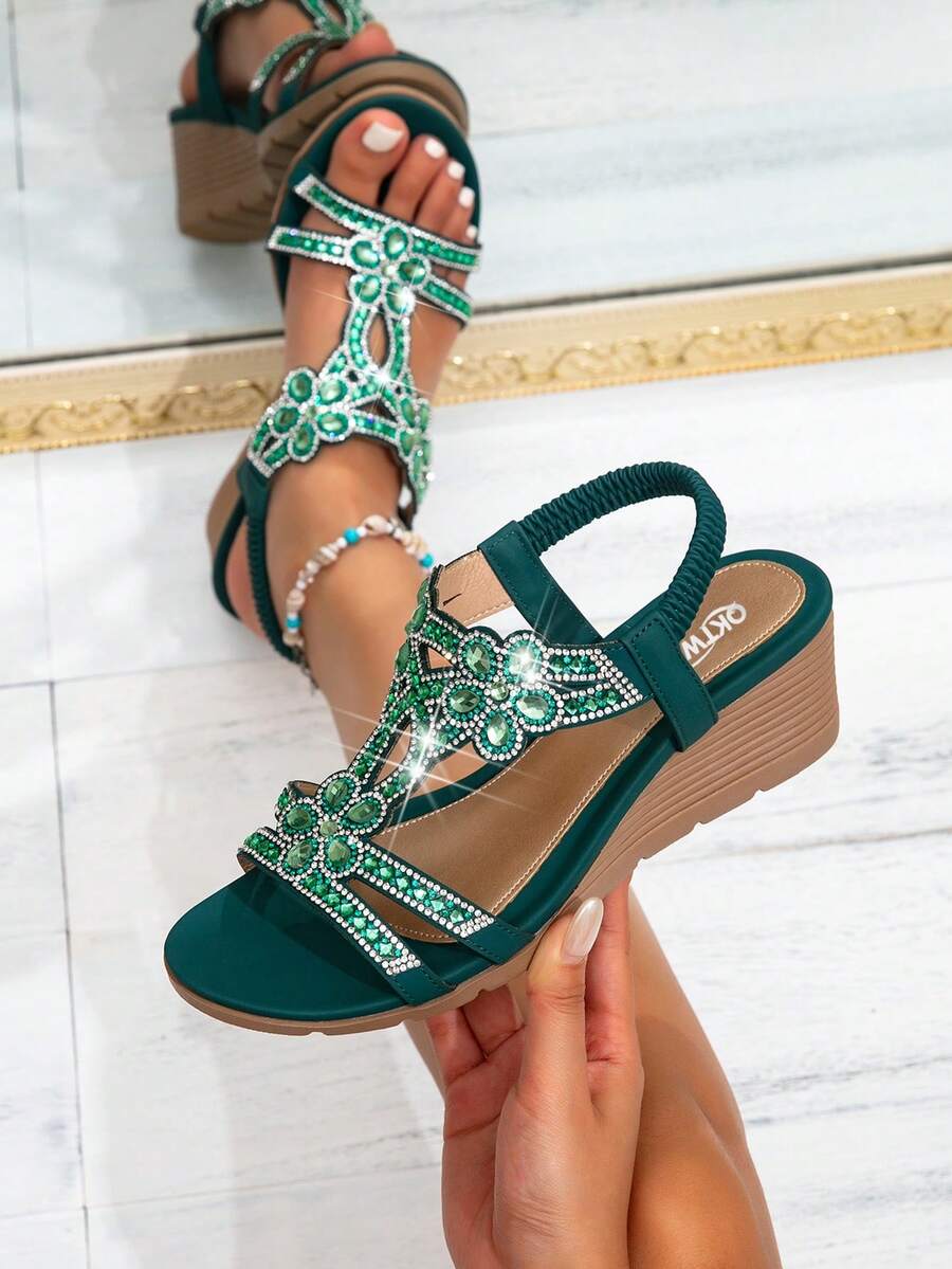 Women's Summer Vacation Style Sandals, Versatile Casual Bohemian Thick Sole Sandals, Beach Sandals Thick Sole Height-Increasing Sandals, Gentle Elegant Women's Sandals, Summer New Women's High Heel Sandals Breathable Comfortable Sandals Fashion Wedge Platform Sandals Simple Elegant Sandals, Women's Gladiator Sandals Bohemian Sandals Fashion Colorblock Sandals Women's Summer New Beach Essential Sandals - Green - View 1