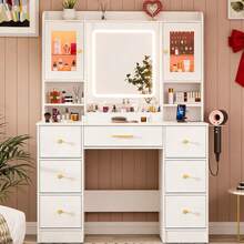 ✨[VIRAL VANITY|FYP]7 Drawers White Vanity Desk With Large Mirror-Gift For Her,3 Modes For Bedroom,Hairdryer Holder|Perfect Addition To Makeup Routine For Shows,Gatherings And Festivals!|Must-Haves To Stock Up On For Women|Birthday Party Gifts✨ - White - View 13
