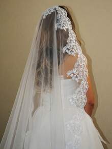 1 pezzo Velo corto vintage con motivo floreale in pizzo, acconciatura da sposa, design senza volto, adatto per estate e spiaggia - Bianco latteo - Visualizzare 2