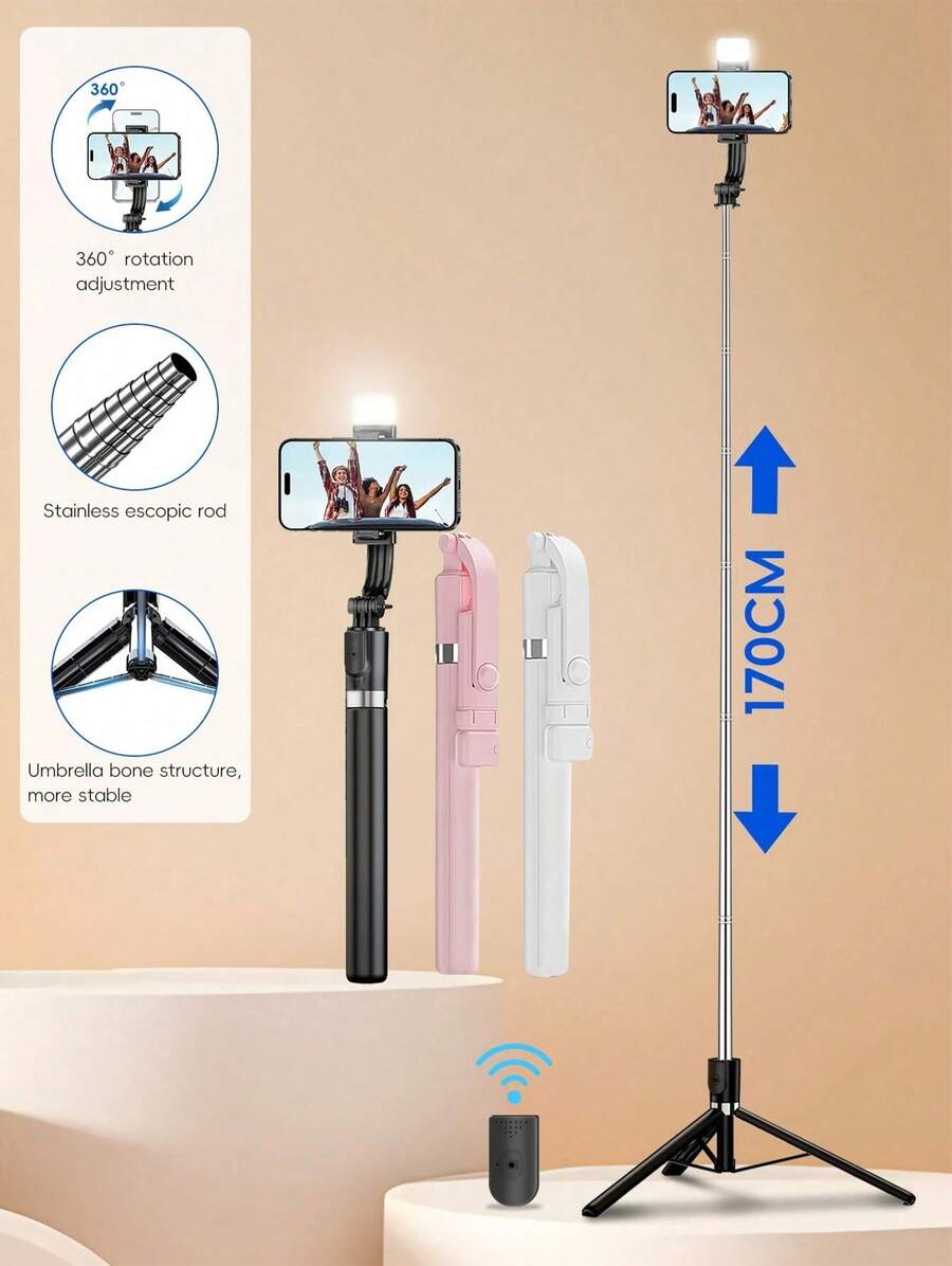 70'' Extendable Selfie Stick Tripod With Wireless Remote & Light - Portable Phone Stand For Smartphones And Cell Phones - View 1