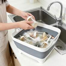 Collapsible Dish Basin With Drain Plug, 2.4 Gal (9L) Space-Saving Foldable Sink, Wash Basin For Kitchen, Baby Bottles, Vegetable Washing, Camping, RV And Party Beverage Tubs - 灰色 - 查看 6