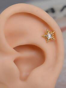 1pc Hypoallergenic Non-Fading Star Stud Earrings 14K Gold Plated Stackable Style Suitable For Upper Ear, Mid-Ear, Outer Ear Helix, Small Ear Cartilage, Anti-Tragus, Cochlear Piercing - A Pair Of Round Beaded  Star Earrings - View 5
