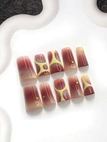 10片裝抽象藝術風手工穿戴甲，Polygel美甲套組，漸層混色效果，黃色與紅色配色，極簡風，附美甲工具，3種尺寸可選，杏仁/鴨嘴/棺材形，適合派對、跳舞、日常配戴 - 彩色 - 查看 12