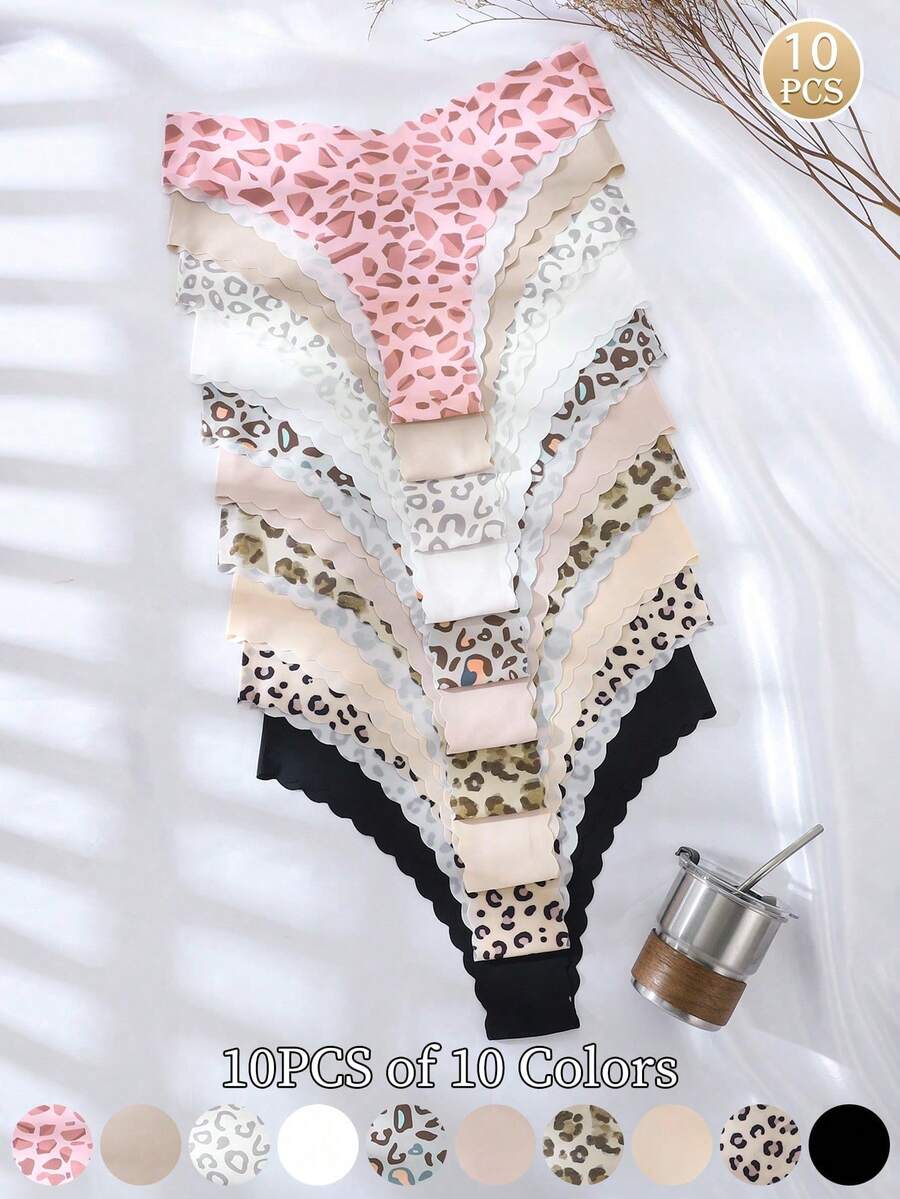 10 Pieces/Pack - Seamless Panties With Scalloped Edge For Women, Comfortable And Sexy Skin-Friendly Fabric, Seamless Bikini Panties For Ladies - 薑色 - 查看 1