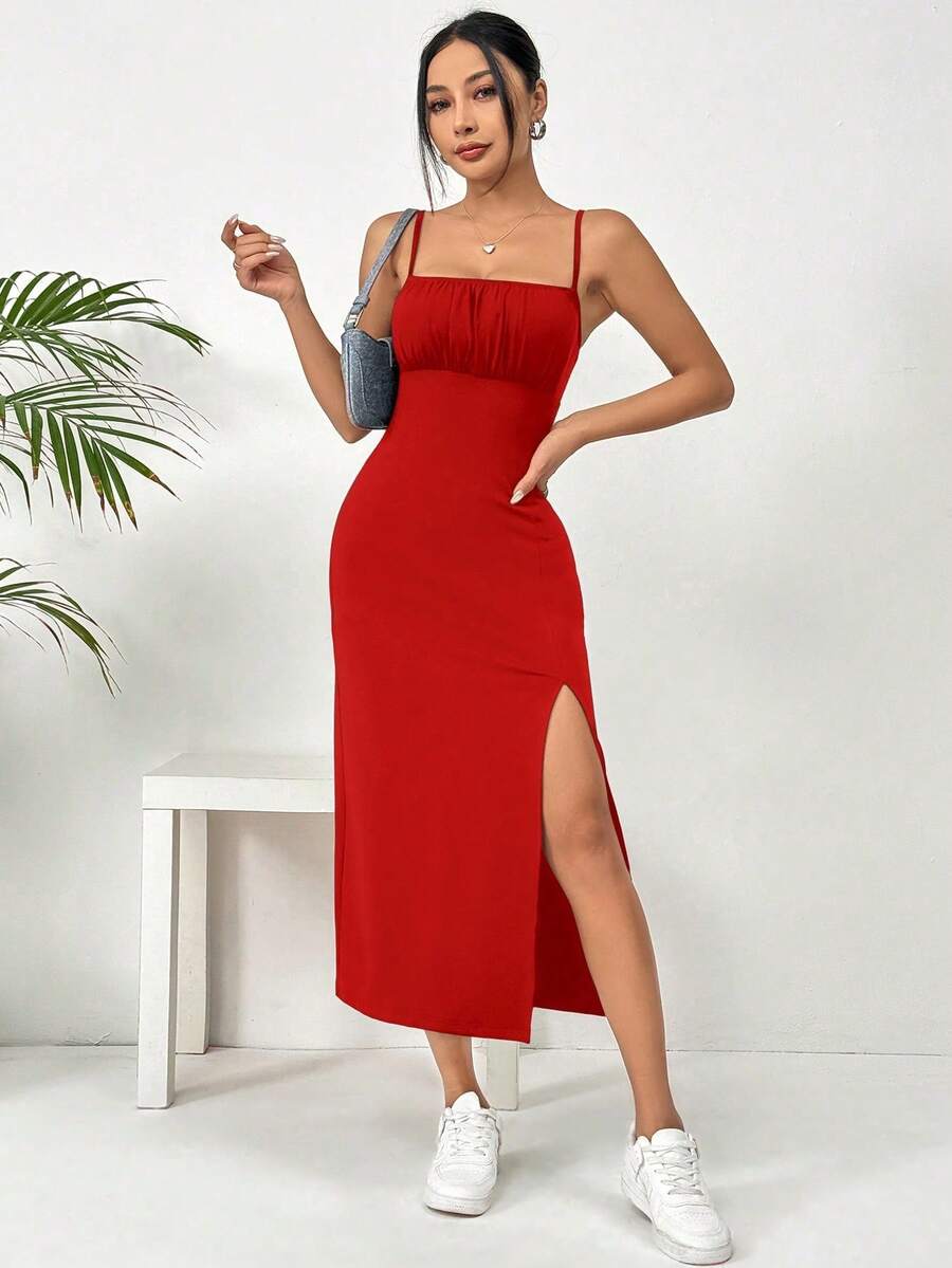 Leopard Print Midi Dress With Side Slit And Straps - Red - View 1