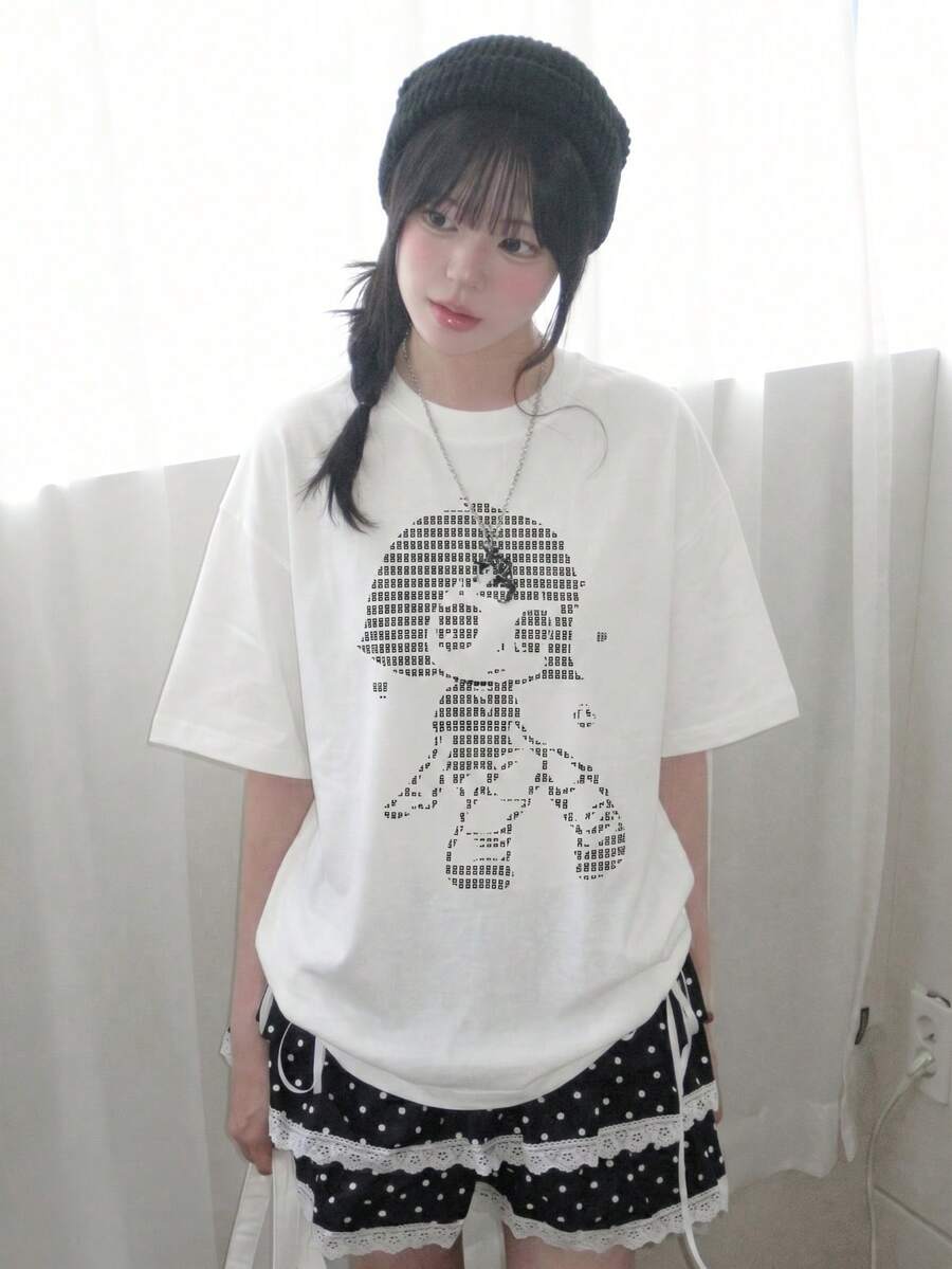 Y2K 輕亞式夏季新款女款休閒寬鬆波點圖案卡通角色可愛印花短袖T恤上衣 白色美學風 - 白色 - 查看 1