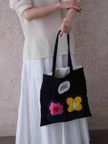 New Cute Patchwork Floral Shoulder Bag, Large Capacity Commuter Vacation Tote Bag, Premium Vintage Embroidered Handbag - Black - View 3
