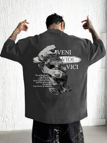 Camiseta de manga corta con cuello redondo con estampado de retrato de escultura abstracta para hombre, verano - Gris Oscuro - Ver 1