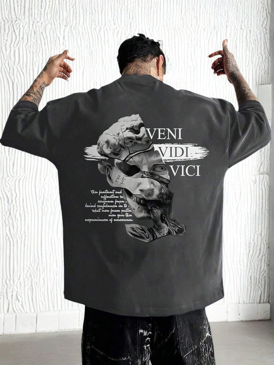 Camiseta de manga corta con cuello redondo con estampado de retrato de escultura abstracta para hombre, verano - Gris Oscuro - Ver 1