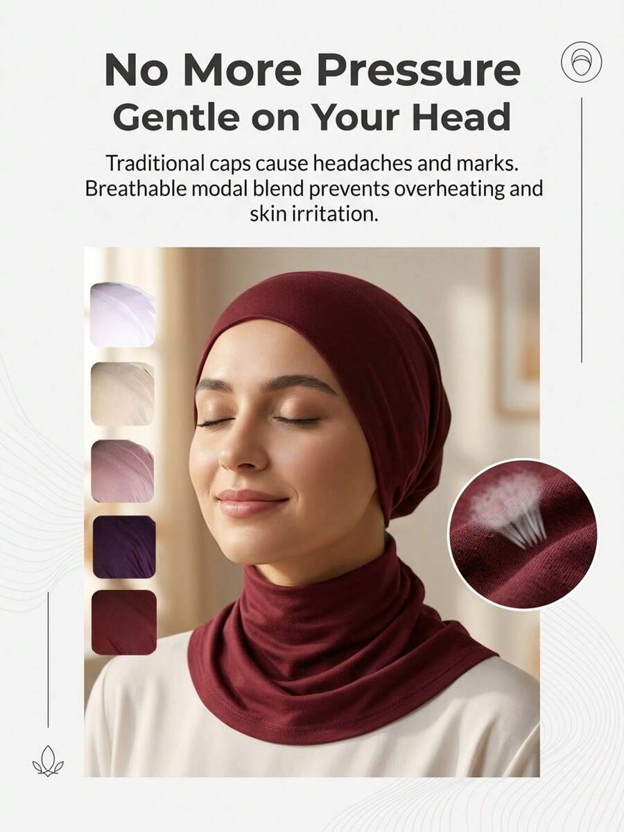 No Tight Stretch Hijab Base Cap, Lightweight Breathable Non Marking Inner Hair Wrap, Comfort Turban For Islamic Ladies All Day Wear - Multicolor - View 1