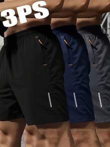 3pcs Men's Quick Dry Breathable Outdoor Casual Shorts, Zipper Pockets Solid Color Sports Shorts, Beach Shorts, Summer - Multicolor - View 10