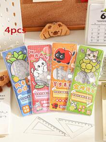 4pcs/Set Cartoon Cat Pattern Student Cartoon Ruler Set Cute Children Stationery Multifunctional Ruler Set Triangle Ruler Protractor Straight Ruler - Sets - View 1