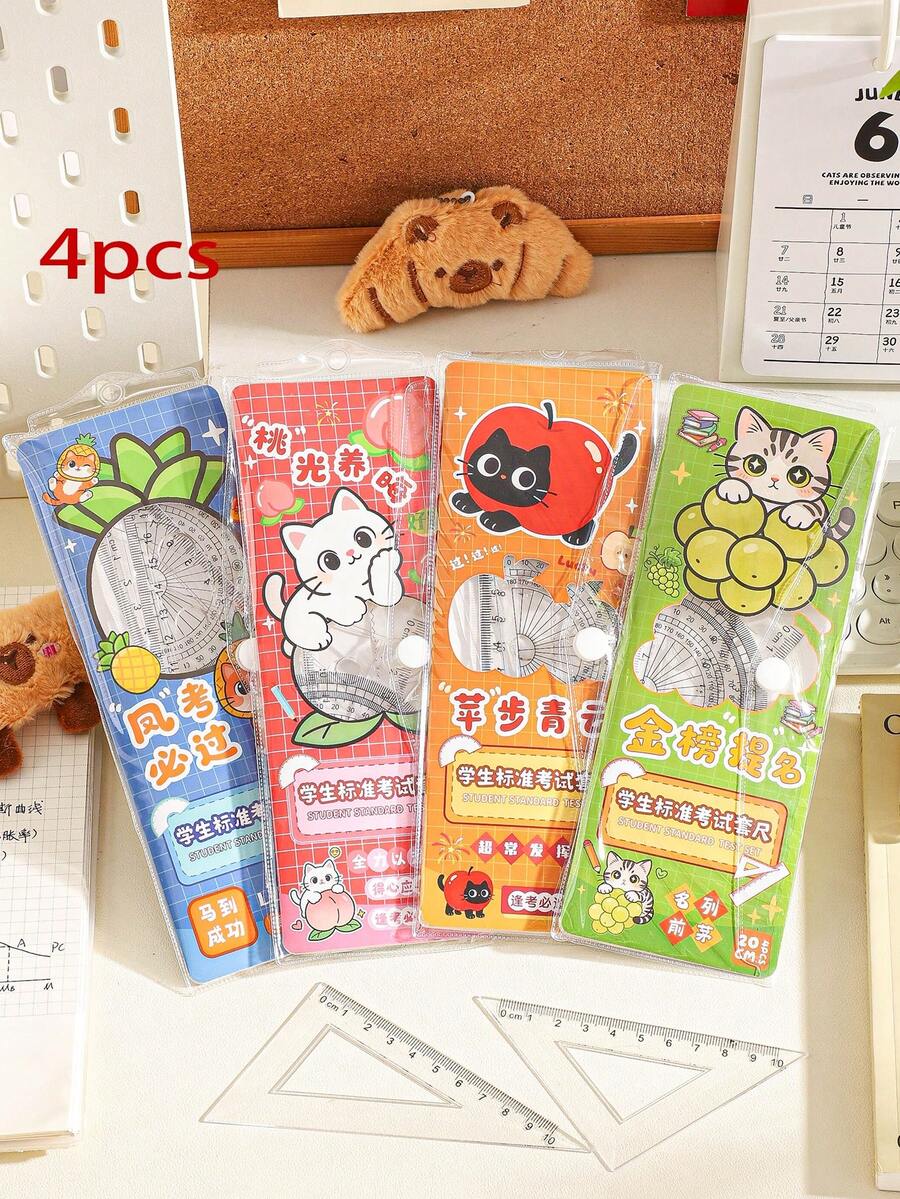 4pcs/Set Cartoon Cat Pattern Student Cartoon Ruler Set Cute Children Stationery Multifunctional Ruler Set Triangle Ruler Protractor Straight Ruler - Sets - View 1