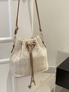 Fashionable New Style Shoulder Crossbody Handbag Tote Bag Work Commuter Bag Textured Drawstring Bucket Bag Minimalist Fashion Shoulder Bag - Beige - View 3