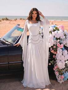 Elegant Elegant Ruffle Sleeve High-End Square Neck Heat-Pressed Rhinestone Studded Design Mesh Splicing Pleated Hem Dress Music Festival - White - View 4