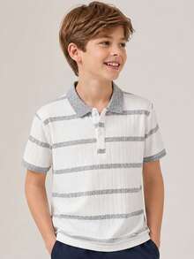 Tween Boy Casual Stylish Textured Colorblock Striped Short Sleeve Polo Shirt, Suitable For Spring/Summer, Back To School, Daily Wear, Vacation - Light Grey - View 3