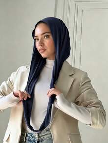 Women's Instant Solid Color Hijab, Pre-Sewn Twisted Neck Scarf, Elastic Turban, Hijab Magnet - Navy Blue - View 39