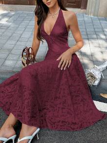 Robe midi d'été Unadoll en jacquard floral, dos nu licou à col V profond avec nœud, fluide, élégante, pour invitée de mariage et soirée - Rouge foncé - Voir 6