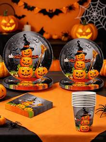 50 piezas de platos de papel, vasos y servilletas para fiesta de Halloween, platos de papel con diseño de calabaza, vajilla desechable para mesa de postres, decoración de fiesta de cumpleaños, set de regalo para decoración de fiesta de vacaciones para 10 personas - multicolor - Ver 4