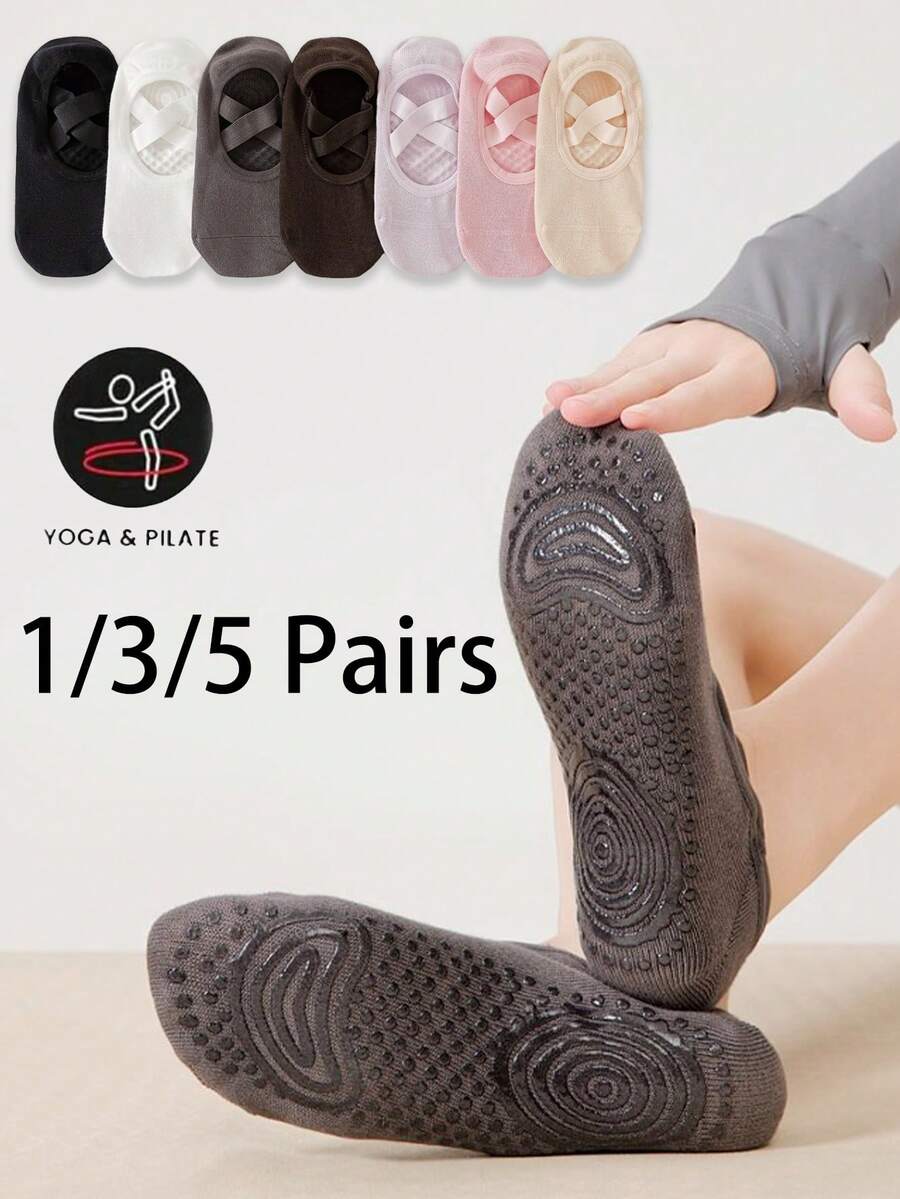 1/3/5双装女士纯色瑜伽袜，无后跟交叉绑带舞蹈运动袜，硅胶防滑鞋底，适合室内瑜伽、普拉提等运动 - 彩色 - 查看 1