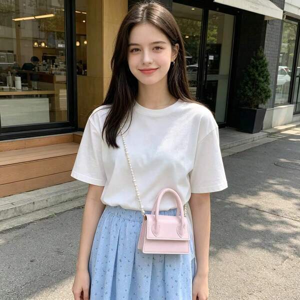 1個女童素色PU磁吸扣時尚手提包 珍珠鍊迷你斜背包 適合四季日常使用