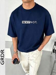 GRDR Men's Summer Letter Slogan Graphic Print Round Neck Short Sleeve T-Shirt, Comfortable & Fashionable - Navy Blue - View 2