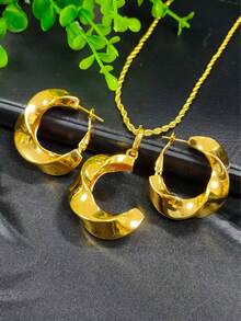 1pc Necklace 1 Pair Earrings Fashion Women's Gold Jewelry Set 2pcs Wedding Banquet Dress Accessories Daily Wear Holiday Gift Copper Jewelry C-Shaped Earrings - Yellow Gold - View 2
