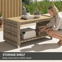 Outsunny Outdoor Coffee Table With Storage Shelf, PE Rattan Side Table With Slatted Top And Foot Pads For Patio, Garden, Balcony, 90 X 50 X 45 Cm, Light Brown - Mocha Brown - View 4
