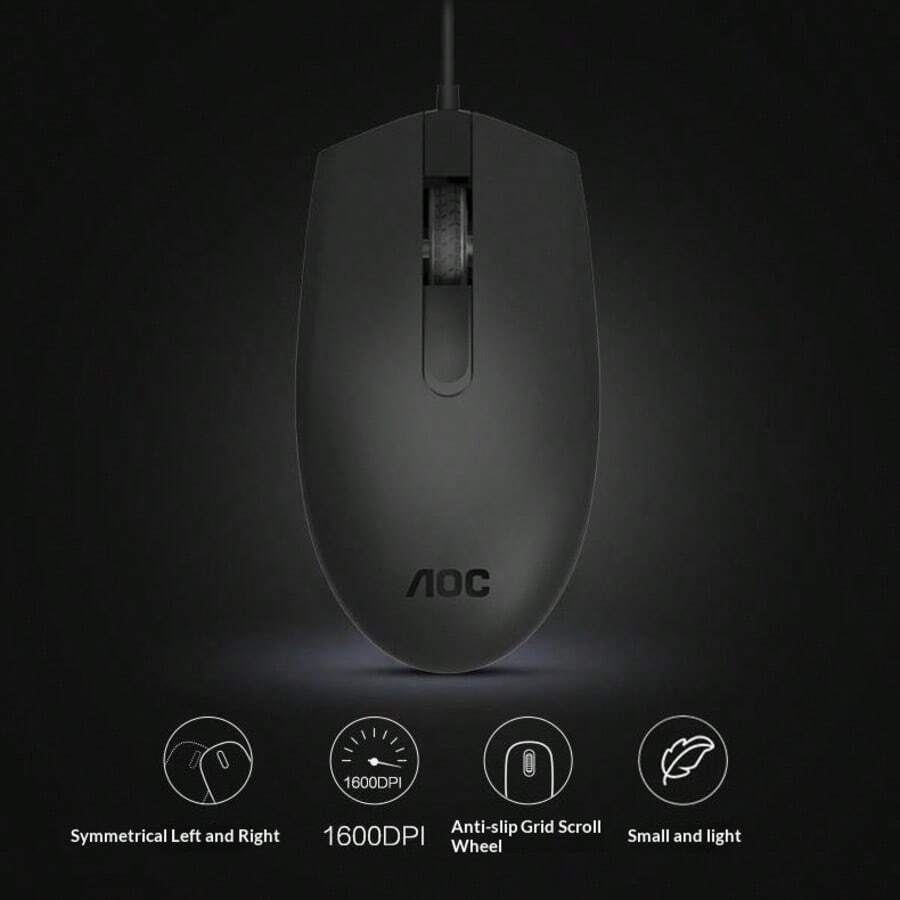 AOC MS100 有線滑鼠 1600DPI 人體工學防滑磨砂表面 USB 即插即用 適用於電腦筆記型電腦