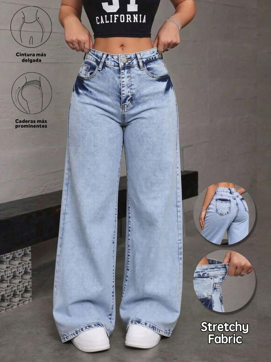 Straight-Leg Dark Blue Denim Jeans With A Butt-Lifting Effect And A Loose, Stretchy Fit - 淺藍色雪花 - 查看 1