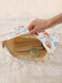 1pc Portable Cosmetic Storage Bag, Seashell & Starfish Ocean Series Pattern, Double-Sided Printed Travel Zipper Makeup Pouch, Multi-Functional Toiletry Organizer - Multicolor - View 4