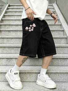 男士夏季花卉刺繡寬鬆牛仔短褲，休閒百搭百慕達中長牛仔短褲 - 黑色 - 查看 3