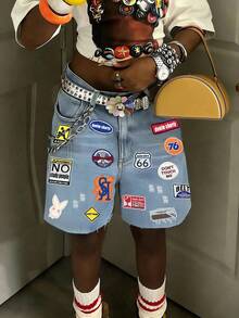 Quần short denim thêu họa tiết phong cách Y2K Streetwear thường ngày, quần short denim cạp trung, kiểu dáng gợi cảm cho mùa hè. - Rửa trung bình - Xem 5