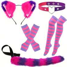 5pcs Halloween Cat Costume Accessories Set With Fluffy Tail, Ear Headband, Faux Leather Collar, Arm Sleeves, Striped Socks, Perfect For Cosplay - Pink Purple Stripes - View 3