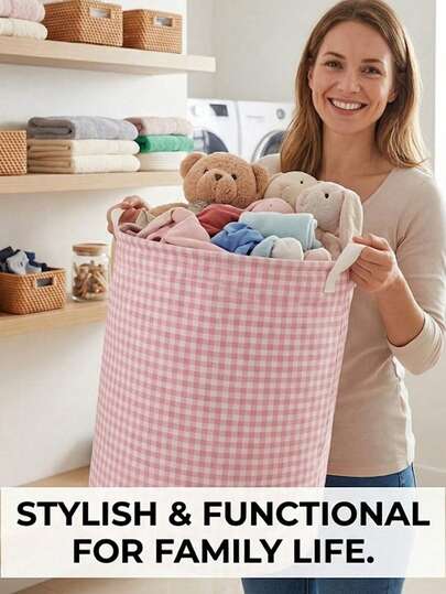 Sleek Toy Organizer With Space Saving Collapsible Feature Stylish Clothes Hamper For College Girls Durable Storage Bin Excellent For Travel Usage Modern Pink Gingham Multi Purpose Easy Carry Handles Laundry Hampers & Baskets