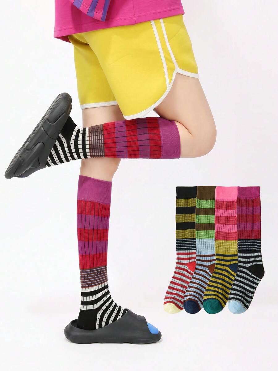 1/4 Pairs Vintage Striped Compression Calf Socks, Women's Fashion Color-Block Long Socks, Slimming Barn Style Y2K Outfit, Pairs With Leather Shoes, Boots, Sandals, Suitable For Various Occasions