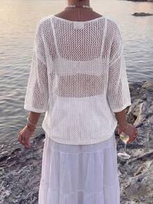 女款休閒性感鏤空寬鬆針織上衣，海灘罩衫，夏季度假波希米亞風，白色 - 白色 - 查看 3