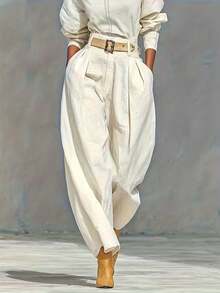 Pantalones casuales sueltos con bolsillo con cremallera y pliegues de unicolor (sin cinturón) para primavera - Color albaricoque claro - Ver 1