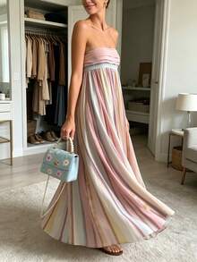 Strapless Pleated Color-Block Evening Gown, Women's Flowy A-Line Floor-Length Formal Dress, Elegant Gala & Prom Dress - Color - View 3